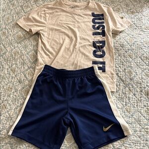Nike light TAN Tee with Navy 'Just Do It' Logo & Navy Shorts